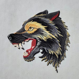 Wolf large embroidered sew-on patch black and gray wolf