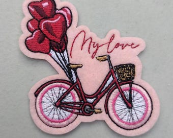 My love vintage style bicycle with heart shaped balloons Valentine's day anniversary love relationships embroidered iron-on patch