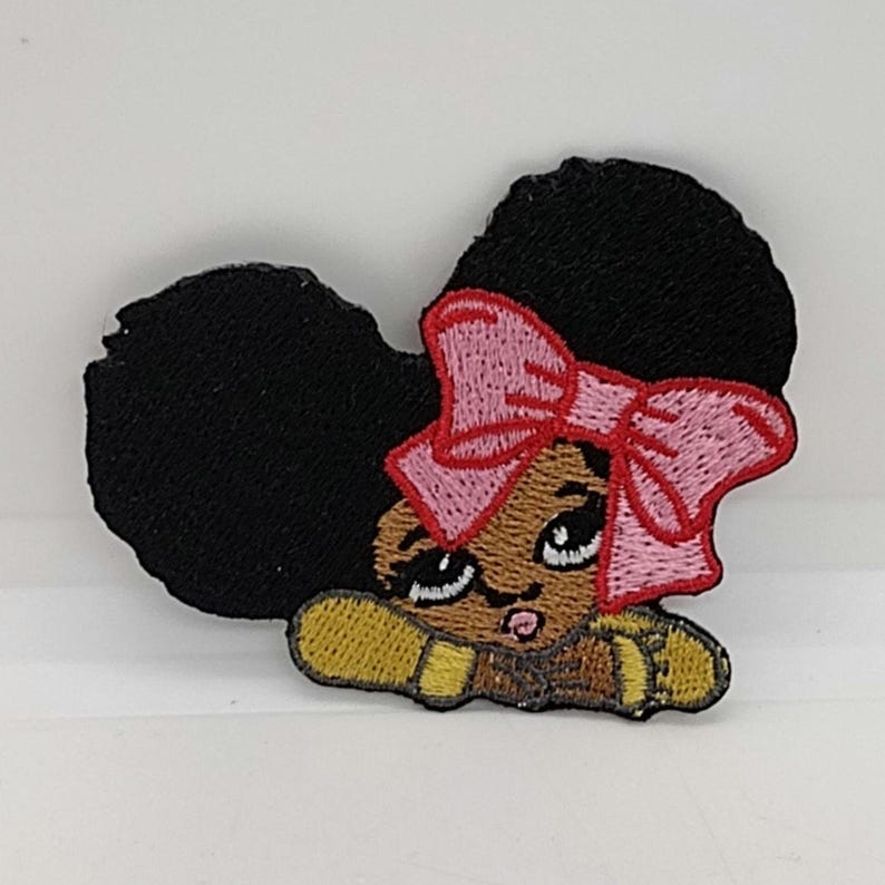 African American Girl With Puff Afro Ponytails Embroidered Iron-on ...