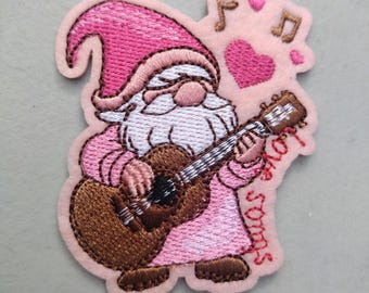 Flower heart Garden Gnomes love anniversary Valentine's Day ponk and red heart embroidered iron-on patch