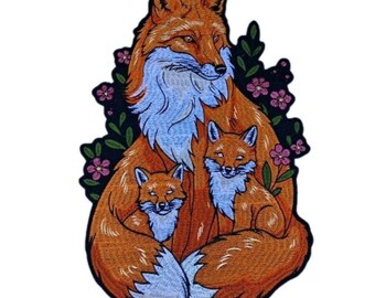 Fox mother with cubs Large embroidered iron-on patch Red Fox in field of wild flowers large embroidered iron-on Patches wild foxes