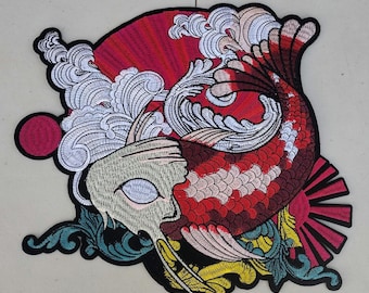 Japanese Koi fish Red Sun Large embroidered iron-on patch Large 12 inch patch