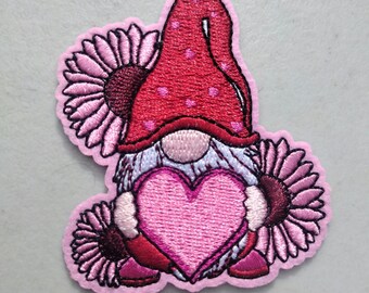 Flower heart Garden Gnomes love anniversary Valentine's Day ponk and red heart embroidered iron-on patch