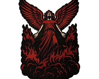 Fallen Angel Large Embroidered Iron-on Patch Archangel with flames Patches