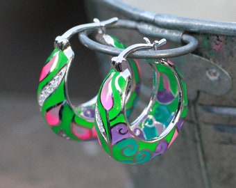 Pink Purple Green Flower Enamel Hoop Earrings Sterling Silver 925 Cubic Zirconias , Wide HoopsCLEARANCE