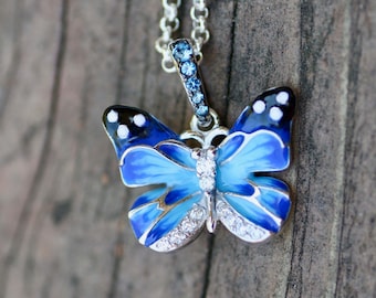 Blue Enamel Cloisonné Morpho Butterfly Pendant 925 Sterling Silver , No Chain