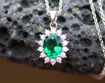 Created Emerald Pendant Sterling Silver 925 , May Birthstone , 20th Anniversary