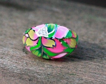 Emaille-Ring mit rosa Blumen und grünen Blättern, Sterling-Silber 925, kubische Zirkonia, Plique-À-Jour, breites Band