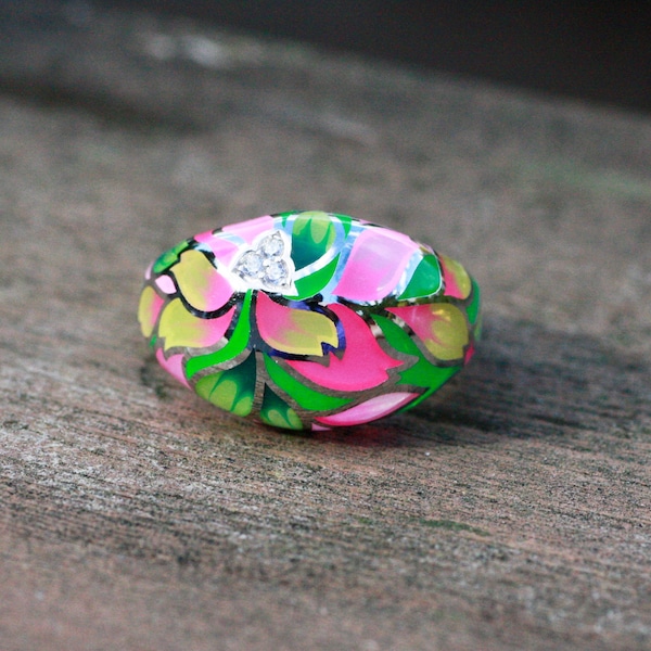 Pink Flower Green Leaves Enamel Ring Sterling Silver 925 Cubic Zirconias , Plique-À-Jour ,Wide BandCLEARANCE