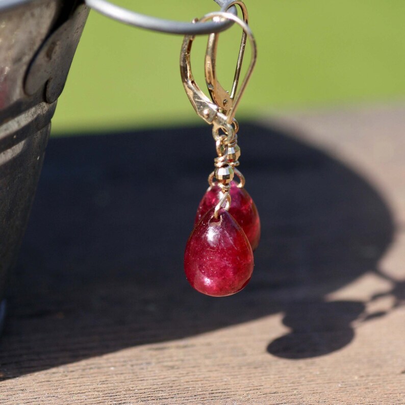 Wire Wrapped Briolette Natural Ruby Earrings Solid 14K Gold July Birthstone 40th Anniversary Wire Wrapped Wedding Bridal