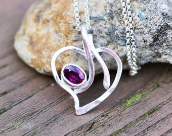 Natural Rhodolite Garnet Heart Music Note Pendant Sterling Silver , January Birthstone , 2nd 15th 19th Anniversary Gem , From Canada , OOAK