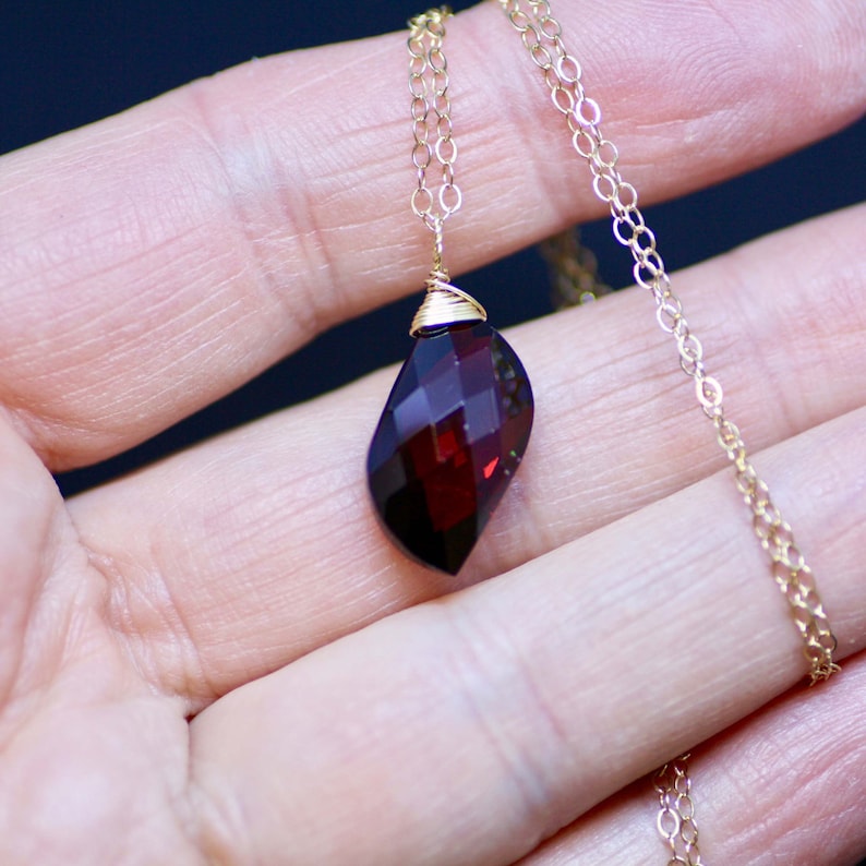Fancy Briolette Natural Garnet Pendant Wire Wrapped in Solid 14K Yellow Gold Wedding Bridal 2nd Anniversary January Birthstone
