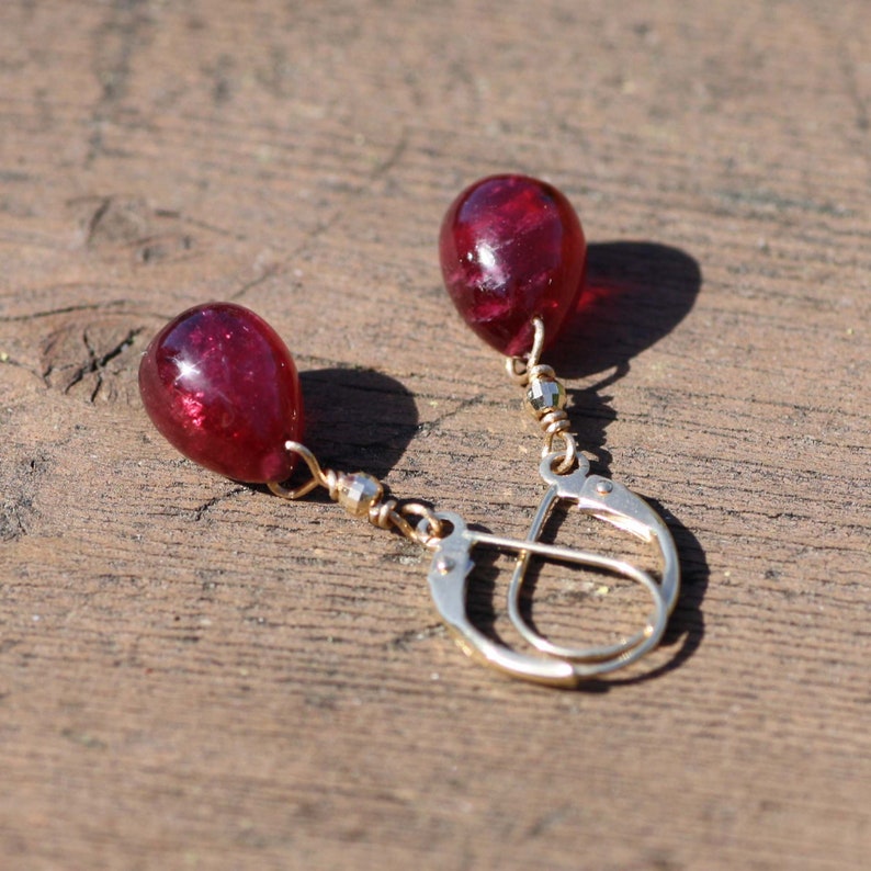 Wire Wrapped Briolette Natural Ruby Earrings Solid 14K Gold July Birthstone 40th Anniversary Wire Wrapped Wedding Bridal