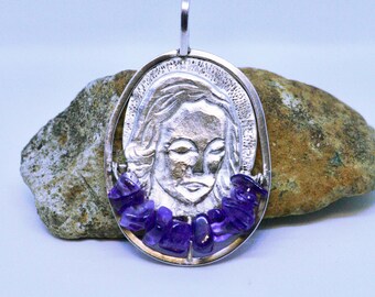 Natural Amethyst Handmade Madonna Pendant in Solid Sterling Silver , February Birthstone , Healing , Religious , CLEARANCE