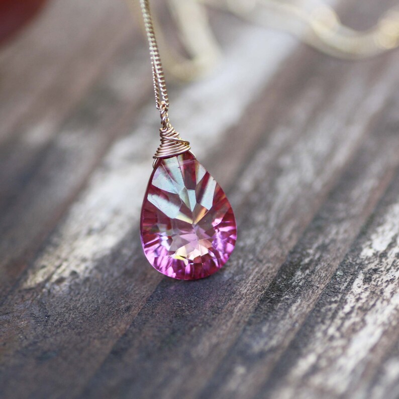 November December Birthstone Wire Wrapped Natural Mystic Pink Topaz Pendant Solid 10K Gold Healing Gem From Canada 4th Anniversary