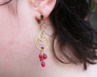 Long Circles Ruby Earrings 14K Yellow Gold Vermeil , July Birthstone , 15th 40th Anniversary , Clearance