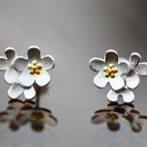 Small Two Tone Cherry Blossom Flower Earrings Sterling Silver  925 , Spring , Flowers