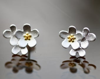 Small Two Tone Cherry Blossom Flower Earrings Sterling Silver  925 , Spring , Flowers