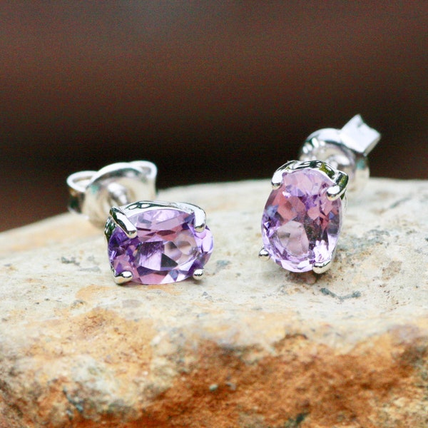 Small Natural Rose de France Amethyst Stud Earrings Sterling Silver  925, February Birthstone , 6th Anniversary