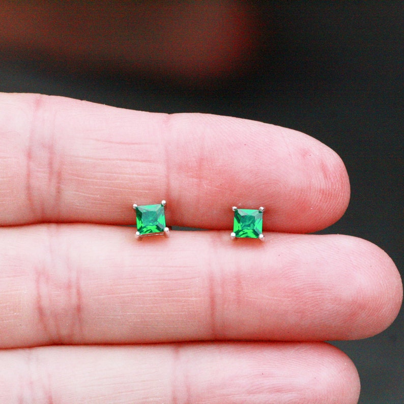 20th Anniversary May Birthstone Created Princess Cut Emerald Stud Earrings Sterling Silver 925
