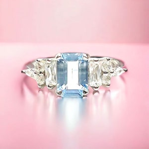 Lab Made Sky Blue Topaz Ring Solid Sterling Silver 925 , Art Deco, December birthstone