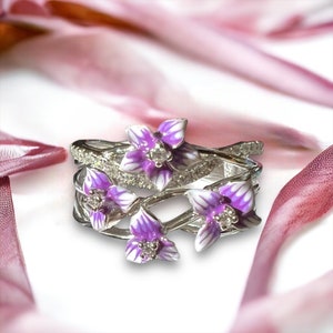 Enamel Purple Violet Flower Ring Band Sterling Silver 925 ,   Last One Size 6 1/4