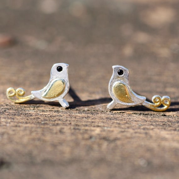 Small Bird Stud Earrings 925 Sterling Silver and Gold Little Etsy UK