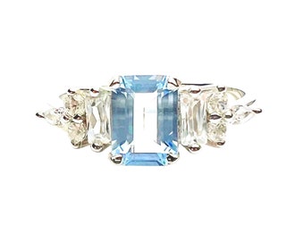 Lab Made Sky Blue Topaz Ring Solid Sterling Silver 925 , Art Deco, December birthstone