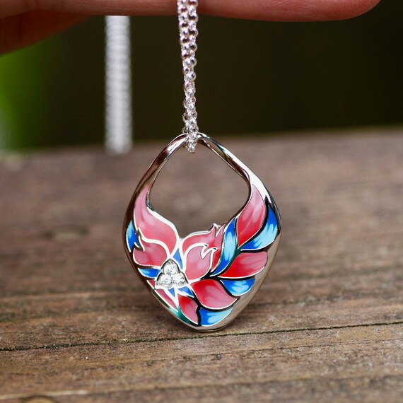 Silver Pink Enamel Flower Pendant With Cubic Zirconias