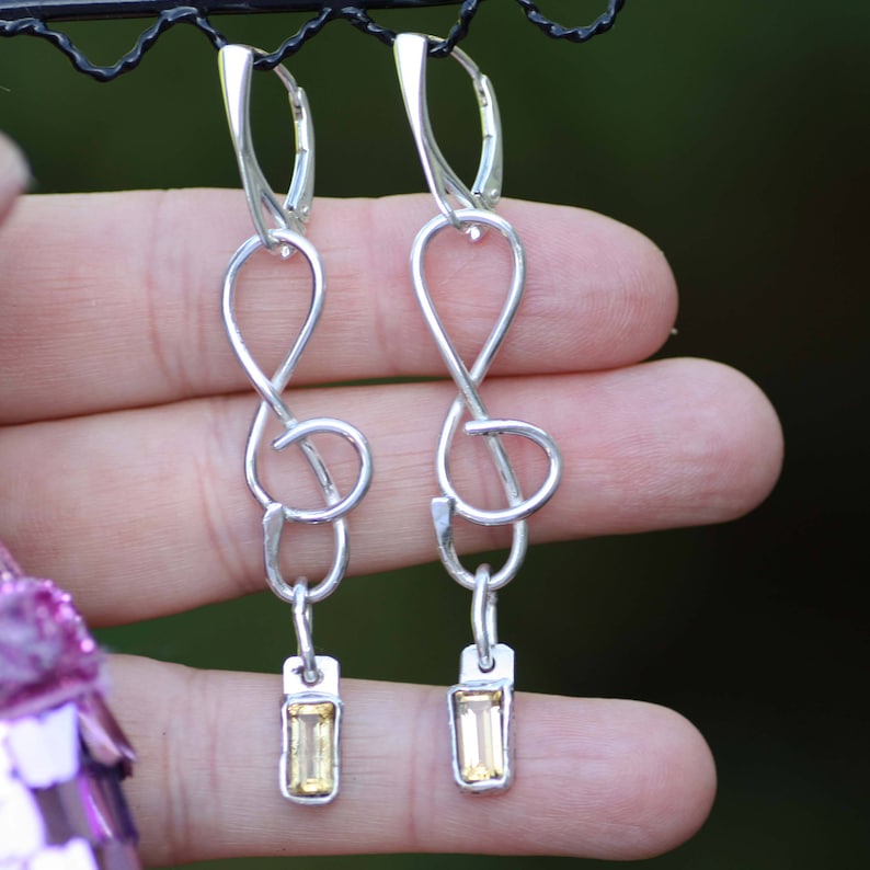 November Birthstone Bezel Set 13th Anniversary from Canada Natural Citrine Earrings Treble Clef Music Design Sterling Silver