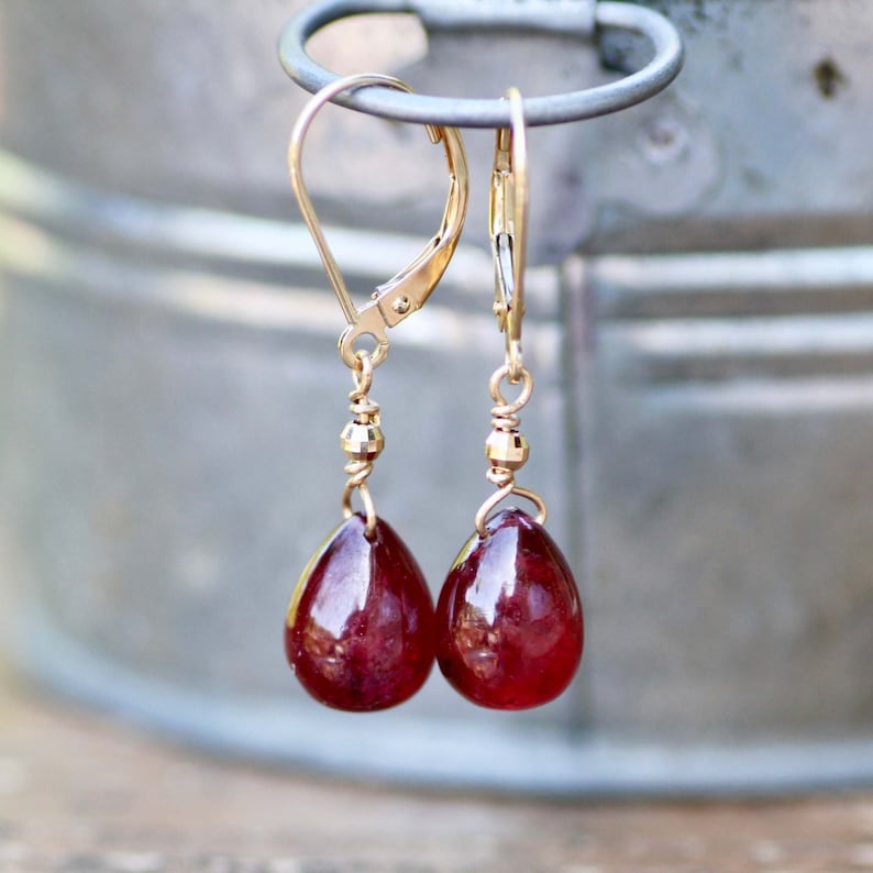 Wire Wrapped Briolette Natural Ruby Earrings Solid 14K Gold July Birthstone 40th Anniversary Wire Wrapped Wedding Bridal