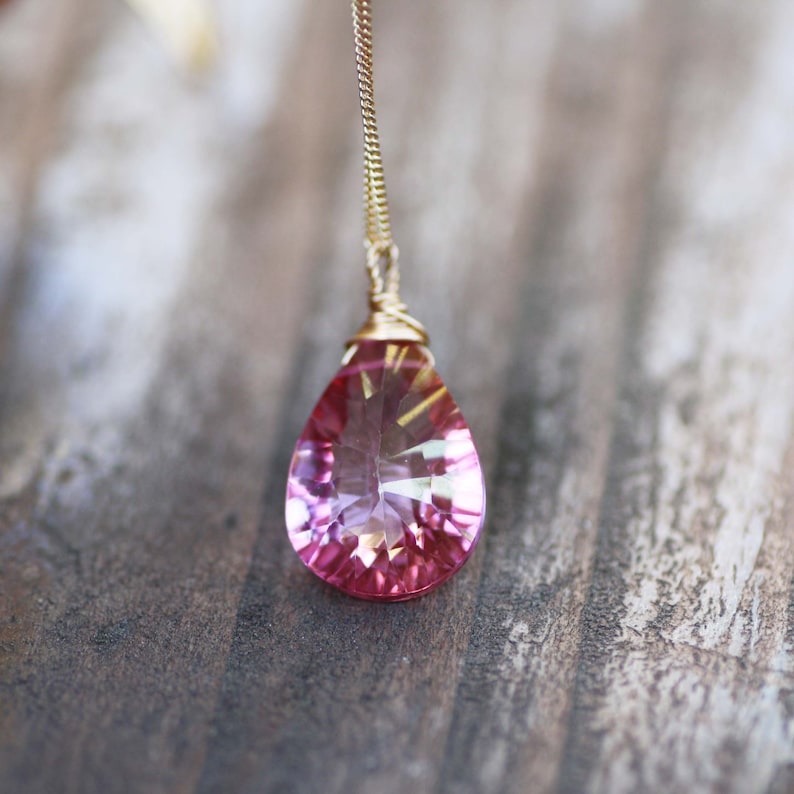 November December Birthstone Wire Wrapped Natural Mystic Pink Topaz Pendant Solid 10K Gold Healing Gem From Canada 4th Anniversary