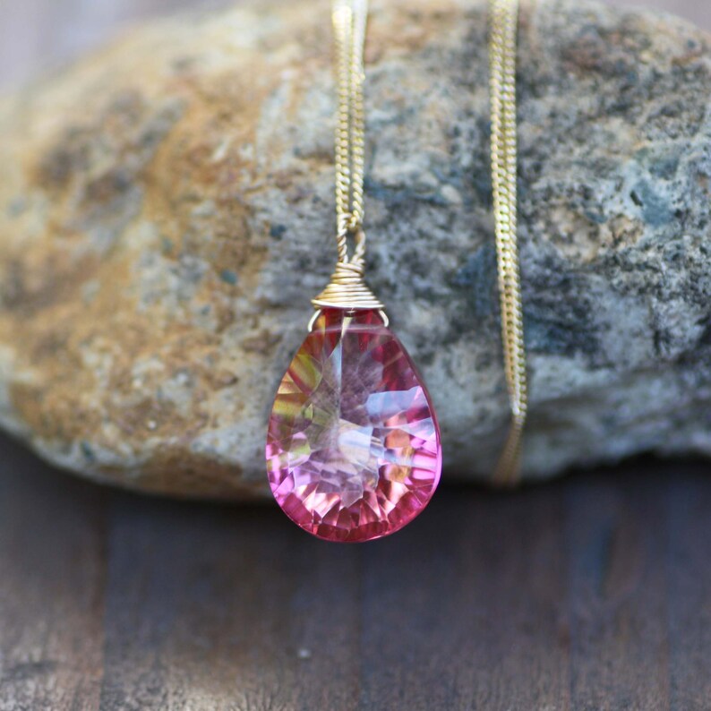 November December Birthstone Wire Wrapped Natural Mystic Pink Topaz Pendant Solid 10K Gold Healing Gem From Canada 4th Anniversary