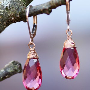 Boucles d&#39;oreilles en rubellite et tourmaline rose fabriquées en laboratoire, or rose 14 carats, 38e anniversaire, pierre de naissance en octobre