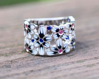 Daisy Flower Enameled Ring Sterling Silver 925 with Cubic Zirconias, Wide Band , Innocence , CLEARANCE