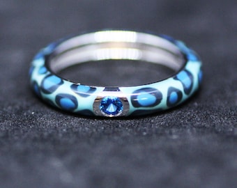 CLEARANCE - Leopard Print Blue Cloisonné Enamel Band Sterling Silver 925 Blue Topaz Zirconias , December Birthstone , CLEARANCE