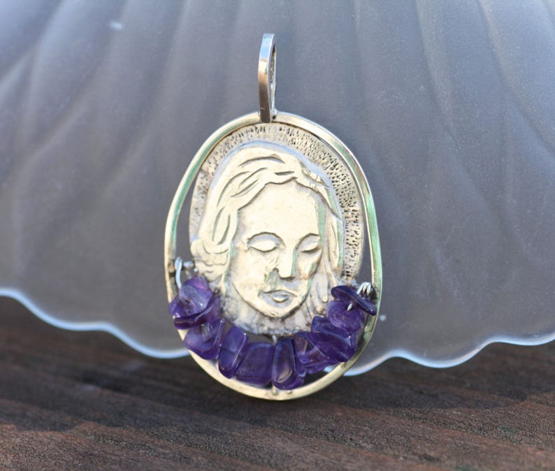 Natural Amethyst Handmade Madonna Pendant in Solid Sterling Silver , February Birthstone , Healing , Religious , CLEARANCE image 4