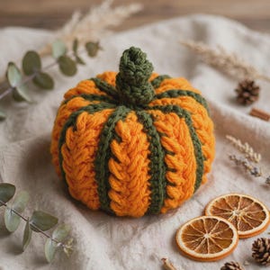 May include: A crocheted pumpkin featuring alternating vertical segments of bright orange and dark green yarn. The pumpkin has a thick, textured green stem at the top, created with dense crochet stitches, and a rounded, plump shape.