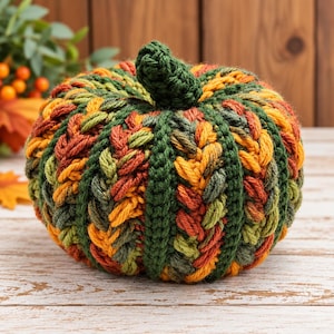 May include: A round, crocheted pumpkin featuring a textured, braided stitch pattern in variegated shades of orange, yellow, and green yarn. The pumpkin is topped with a dark green crocheted stem and exhibits a dense, soft, and rounded shape.
