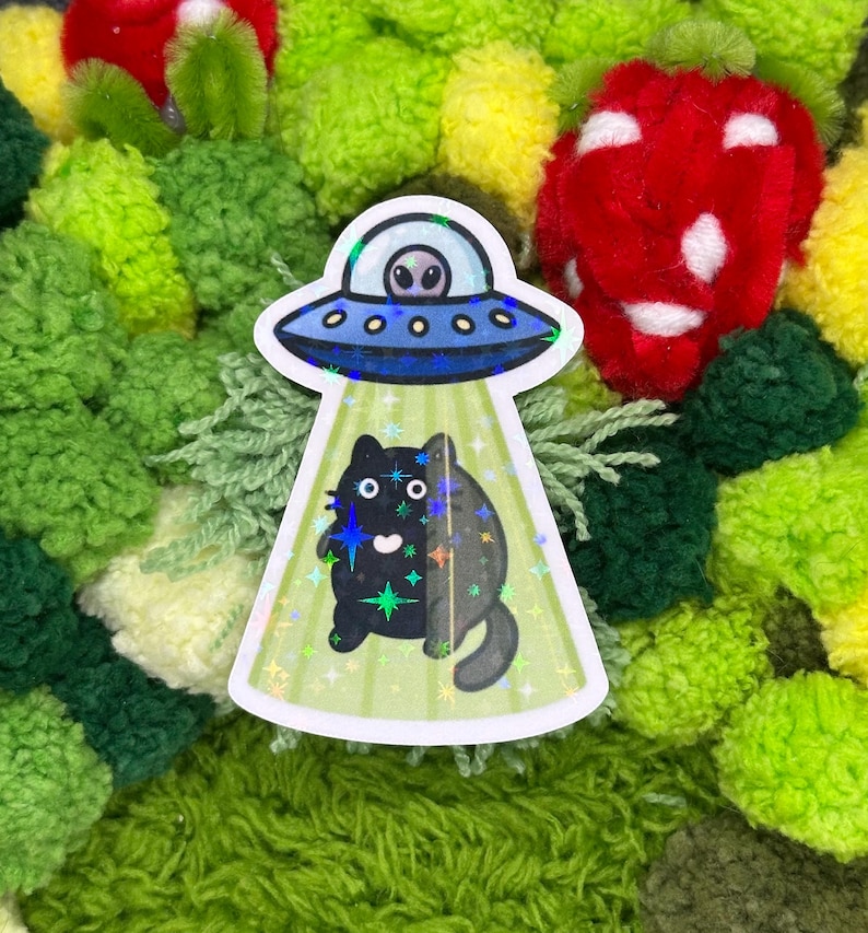 May include: A sticker featuring a black cat being beamed up by a UFO. The UFO is blue with a silver alien inside. The cat is black with white eyes and a tail. The background is a light green with stars.