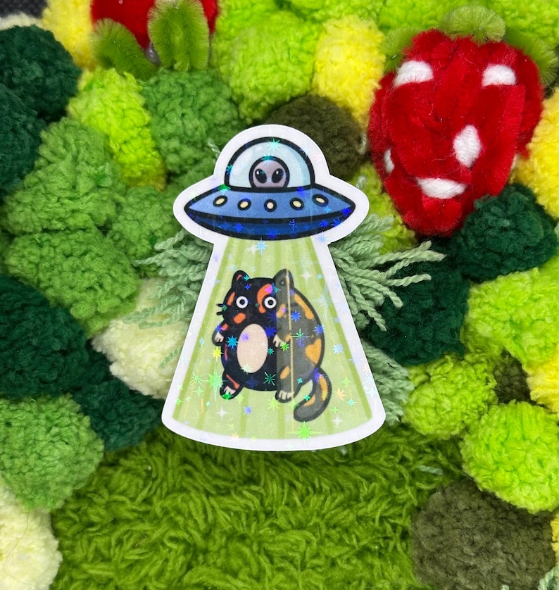 May include: A sticker featuring a cartoon cat being beamed up by a UFO. The UFO is blue with an alien inside. The cat is black, orange, and white. The background is a mix of green, yellow, and red pom-poms.