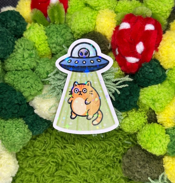 Kitty Abduction Sticker! Holographic, Vinyl, UFO, Cat, Waterbottle, Decal, Funny, Laptop, Tumbler, Silly.