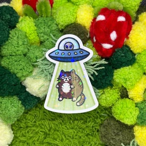 May include: A sticker featuring a cartoon cat being abducted by a UFO. The UFO is blue with a silver rim and lights. The cat is brown and tan with large eyes. The sticker is set against a background of green and red pom-poms.