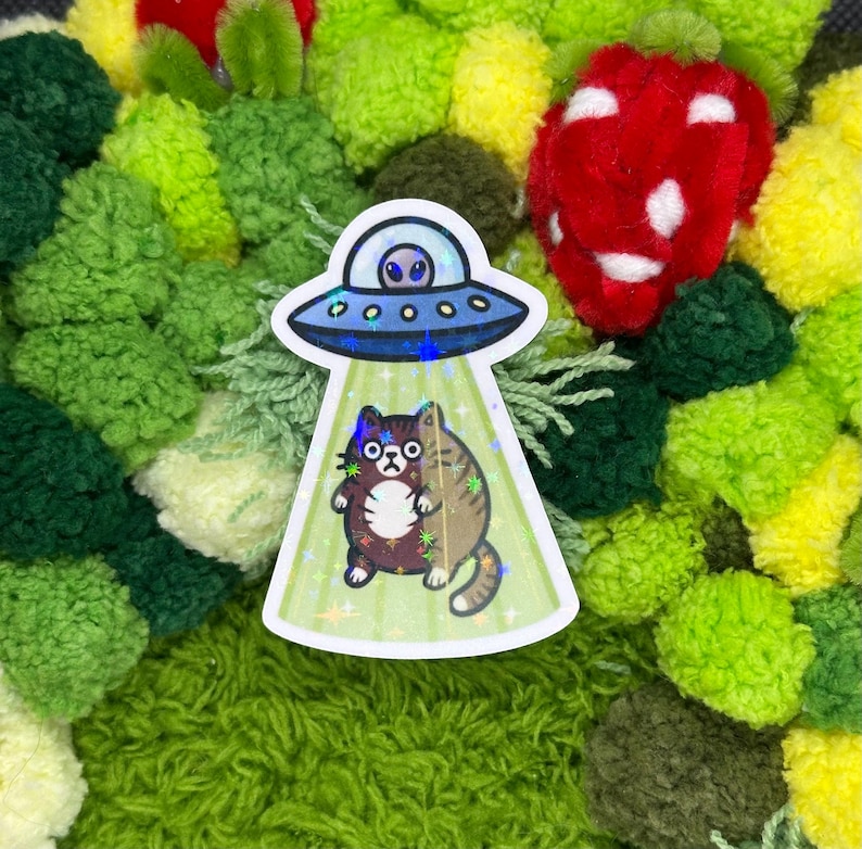 May include: A sticker featuring a cartoon cat being abducted by a UFO. The UFO is blue with a silver rim and lights. The cat is brown and tan with large eyes. The sticker is set against a background of green and red pom-poms.