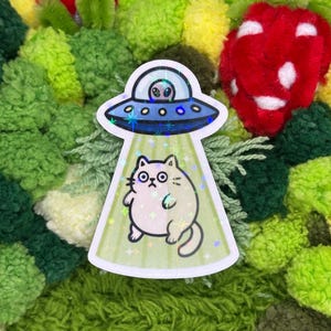 May include: A sticker featuring a cartoon cat being abducted by a UFO. The UFO is blue with a silver trim and an alien inside. The cat is light beige with large eyes and is being beamed up by a green light.