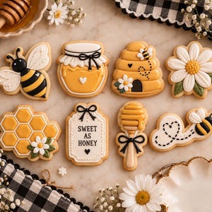May include: A collection of eight decorated sugar cookies featuring bee and honey themes, including a bee, a honey jar, a beehive, a daisy, a honeycomb, a plaque with the text Sweet as Honey, a honey dipper, and a flying bee with a heart trail.