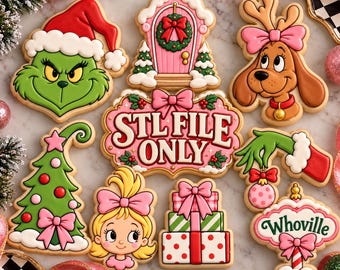 Op de afbeelding: Een verzameling kerstkoekjes met een groen personage in een kerstmuts, een roze deur, een bruine hond met een roze strik, een groene boom, een blond personage, gestapelde cadeaus en een bord met de tekst STL FILE ONLY en Whoville.