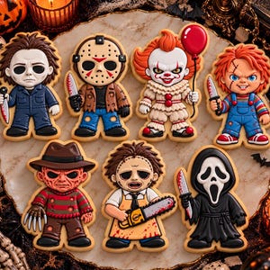 Puede incluir: Siete galletas decoradas con formas de personajes de películas de terror, incluyendo a Michael Myers, Jason Voorhees, Pennywise con un globo rojo, Chucky, Freddy Krueger, Leatherface con una motosierra y Ghostface, con glaseado detallado.