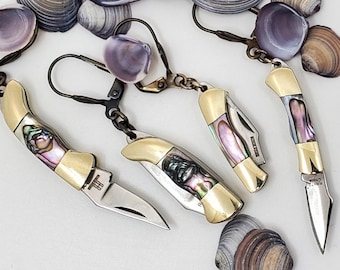 Knife Earrings, Real Working Miniature Pocket Knife Earrings, Abalone Knife Jewelry, Authentic Mini Tiny Knife Charm