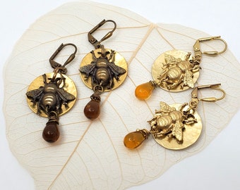 Honey Bee Earrings Drop Dangle Brass Bumble BEE Jewelry, Glass Honey Drops